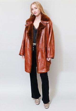 VINTAGE 1980'S PREMIUM TEXTURED BROWN SOFT SHEARLING COAT