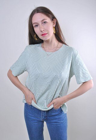 VINTAGE GREEN CASUAL MINIMALIST WOMAN STRIPES TSHIRT
