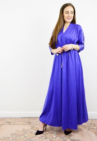 VINTAGE 80S BLUE BATWING EMPIRE WAIST EVENING DRESS