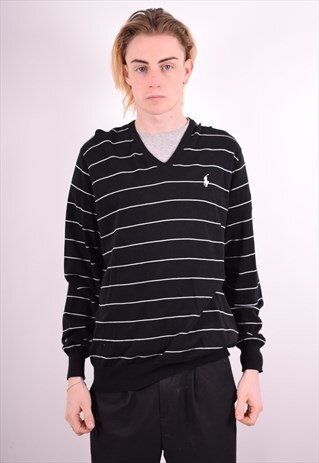 RALPH LAUREN MENS VINTAGE JUMPER SWEATER LARGE BLACK STRIPES