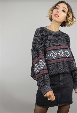 VINTAGE 80S 90S OVERSIZED PATTERNED KNIT JUMPER