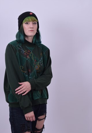 VINTAGE 90'S GREEN CREW NECK PATCHWORK SWEATER SIZE X LARGE