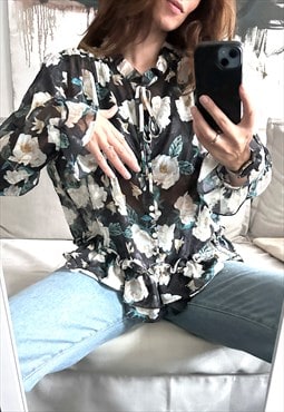 Black Floral Long Sleeved Blouse - L - XL