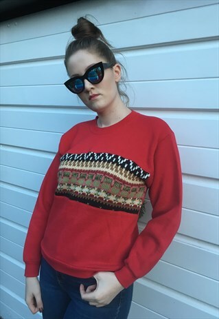 WOMENS VINTAGE 80S SWEATSHIRT RED JUMPER KNIT PATTERNED TOP