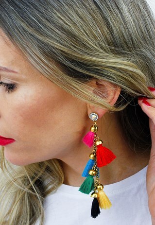 RAINBOW TASSEL FRINGE RHINESTONE CHANDELIER DROP EARRINGS