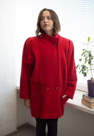 VINTAGE 80'S RED HIGH COLLAR PUFF SLEEVED WOOL COAT