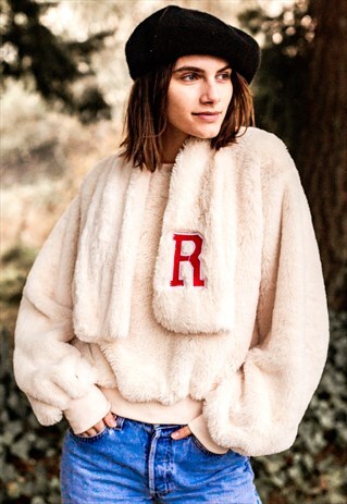 SCARFED FAUX FUR SWEATSHIRT