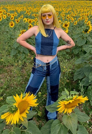 VINTAGE Y2K PATCHWORK DENIM HALTER TIE UP CROP TOP