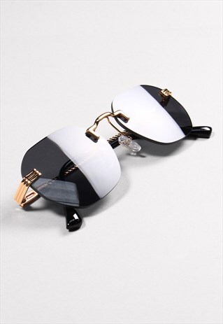 Black Lensed Rimless Angled Aviator Retro Smart Sunglasses