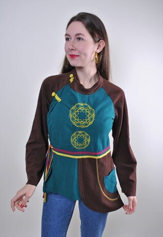 VINTAGE MULTICOLOR FLEECE SWEATSHIRT, 90S COSTUME HIGH NECK