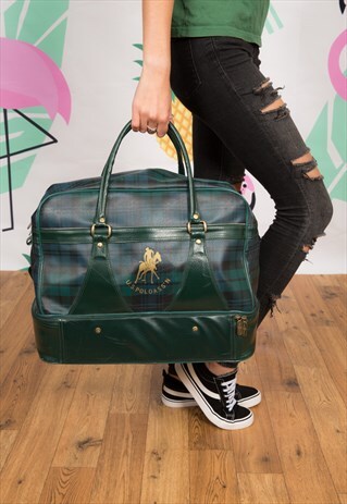 LARGE VINTAGE GREEN TARTAN PLAID CHECK WEEKEND BAG HOLDALL