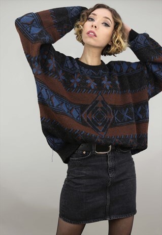 VINTAGE 80S 90S OVERSIZED PATTERNED KNIT JUMPER