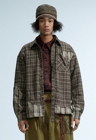 Stitched shirt reworked checked blouse plaid top brown grey