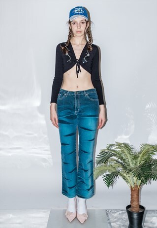 Y2K VINTAGE ICONIC BLEACHED FOLD JEANS IN TURQUOISE & NAVY