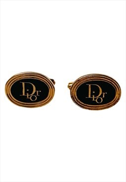 Christian Dior Cufflinks Gold Black Logo Oval Vintage