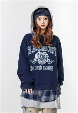 Triple layer hoodie combo stitched college pullover in blue