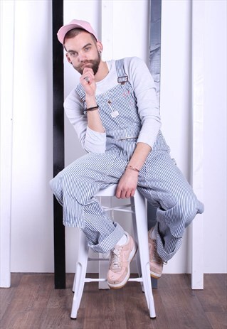 VINTAGE BLUE STRIPE DENIM DUNGAREES 90S OVERALLS. WORK WEAR