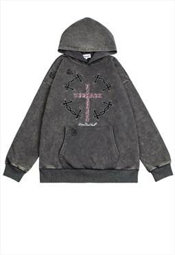 Cross hoodie Gothic pullover baroque top vintage blue grey