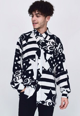 VINTAGE 90'S BLACK & WHITE PRINTED BUTTON UP SHIRT