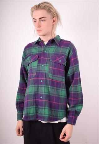BENETTON MENS VINTAGE FLANNEL SHIRT SMALL GREEN CHECK 90S