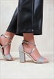 RUTH WIDE FIT HIGH BLOCK HEEL SANDALS IN SILVER GLITTER