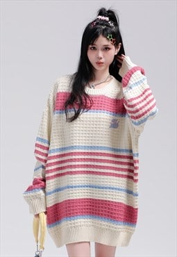 Striped sweater textured jumper knitted check top in pink