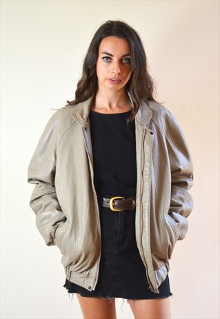 1980S VINTAGE GREY LEATHER BIKER BOMBER JACKET