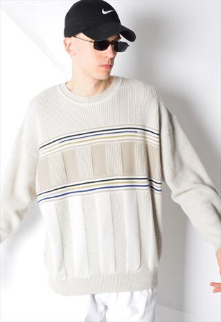 VINTAGE 90S BEIGE STRIPED WOOL BLEND JUMPER
