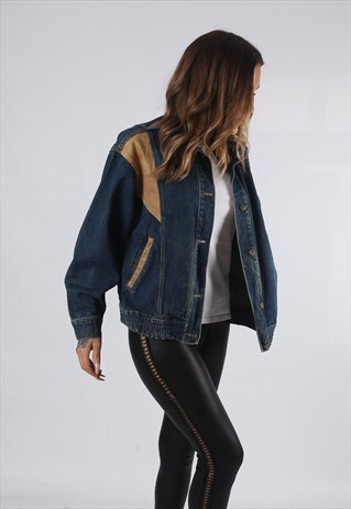 VINTAGE DENIM BOMBER JACKET OVERSIZED FITTED UK 14 (HP1A)