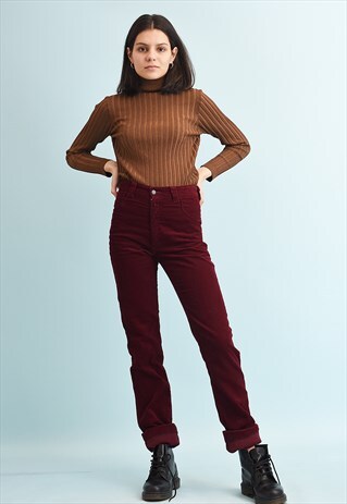 80'S RETRO HIGH WAIST MAROON CORDUROY TROUSERS