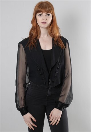 VINTAGE 80S BLACK DRAPE FRONT CHIFFON SLEEVE JACKET TOP