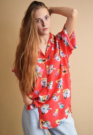 80'S RETRO FLORAL PRINT OVERSIZED SHIRT SILK BLOUSE TOP