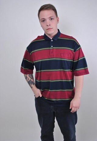STRIPED POLO, SPORT TSHIRT, MENS PATTERN COLLAR TEE, SIZE L