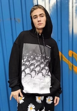 Punk print hoodie 90s TV top grunge raver pullover in black