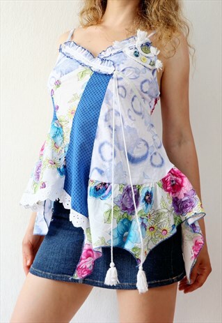 Asymmetric Patchwork Vintage Cami Top Fairycore Boho Vibe