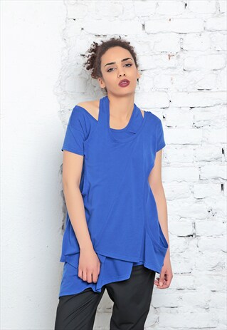 BLUE BLOUSE, ASYMMETRIC TEE, LAYERED TOP