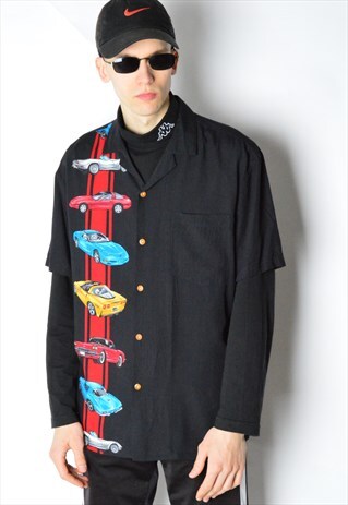 VINTAGE 80S BLACK RACING CAR SHORT SLEEVE SHIRT