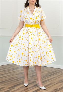 Vintage midi dotted dress in yellow white summer
