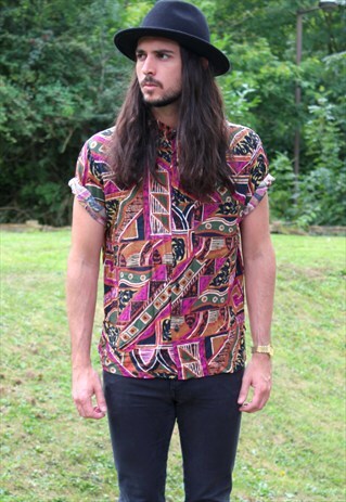 VINTAGE 80S AZTEC ART NERD SHIRT - MEDIUM - FESTIVAL - RETRO