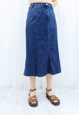 00s Y2K Vintage Denim Midi Skirt (Size L)