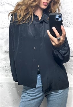 Vintage Elegant Classy Black Satin Soft Goth Shirt - Large 