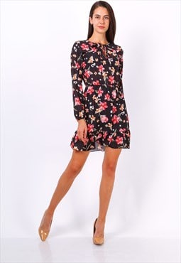 Black Floral Print Tie Neck Shift Dress