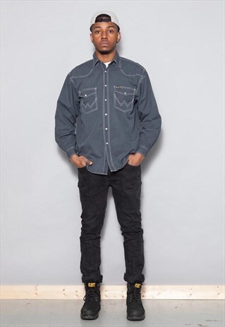 VINTAGE 90'S WRANGLER GREY BLACK DENIM SHIRT