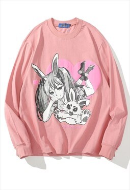 Anime top Raver cartoon thin sweatshirt cute tee in pink