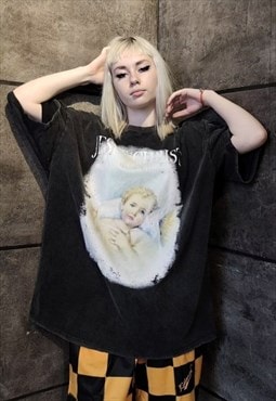 Angel print tee Jesus Christ t-shirt slogan top in acid gray