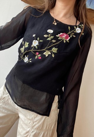 VINTAGE Y2K 90S RENE DERHY FLORAL EMBROIDERY BLOUSE TOP