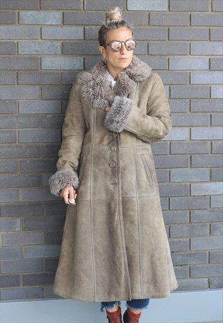 VINTAGE 1970S GREY SUEDE SHEARLING LONGLINE COAT