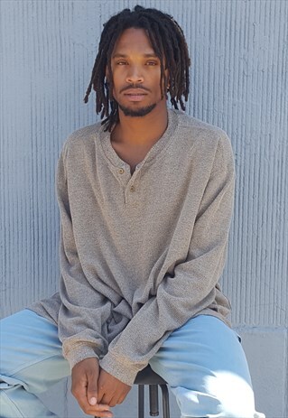 90S SPORTSWEAR SKATER BROWN WAFFLE KNIT HENLEY XL