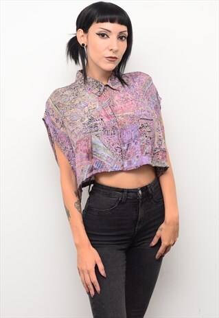 VINTAGE 90'S FUNKY ABSTRACT PATTERNED REWORKED CROPPED SHIRT