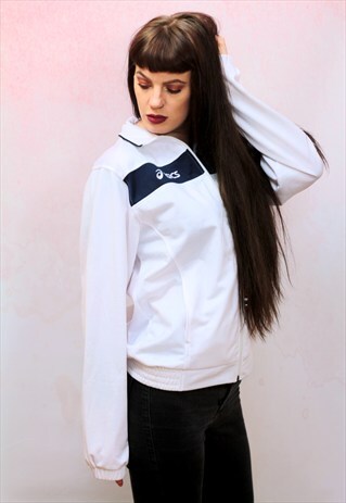1990S VINTAGE WHITE AND LIGHT BLUE ZIP UP TRACK SPORT JACKET